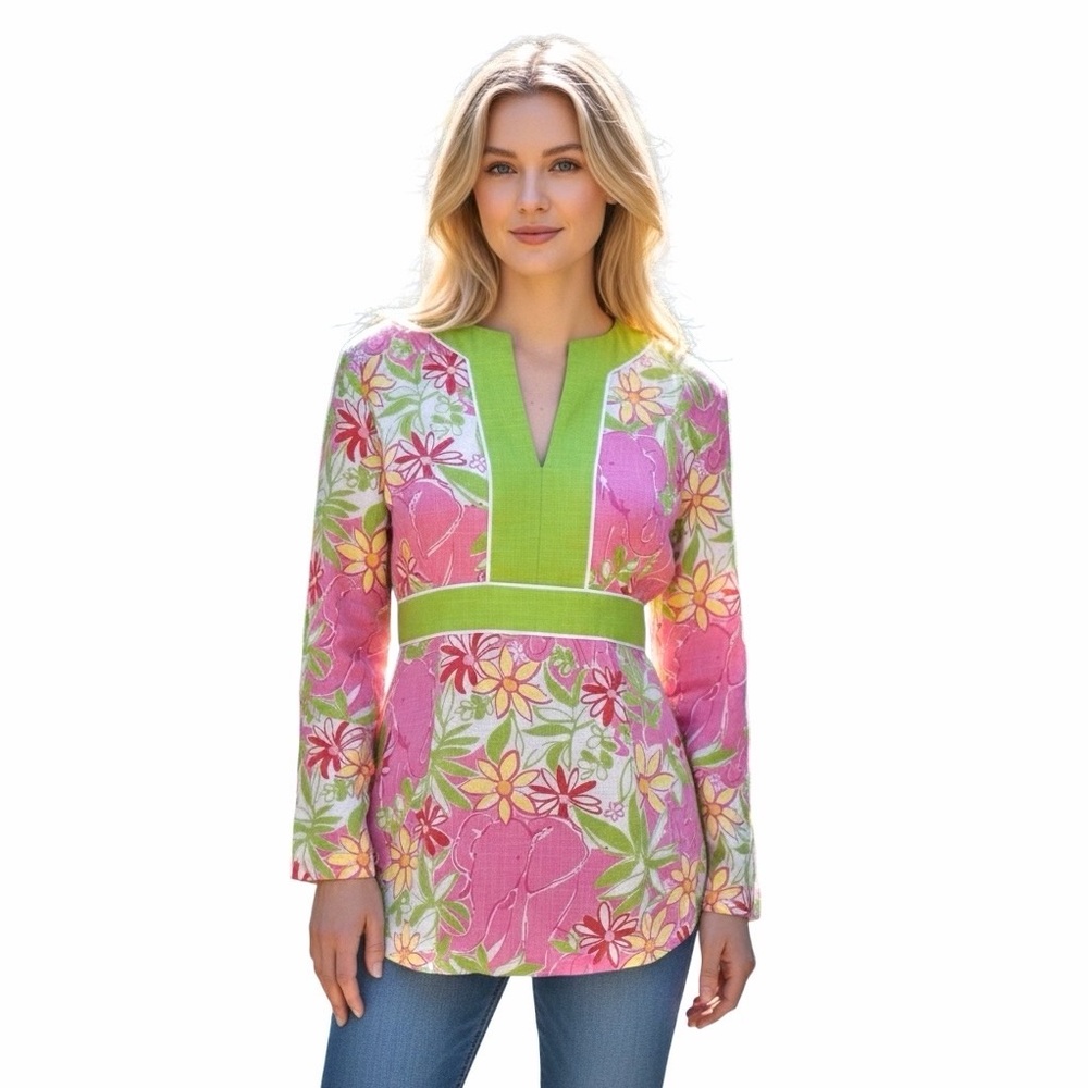 LILLY PULITZER ☆ 100% Linen Pink Floral Long Sleeve Top